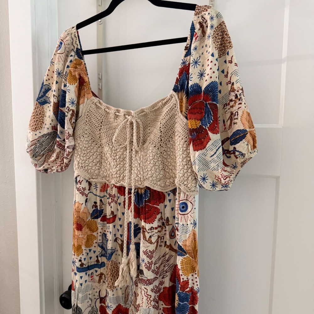 Farm Rio Crochet Bodice Tropical Print Puff Sleeve Maxi Dress Boho Colorful M - Picture 2 of 7